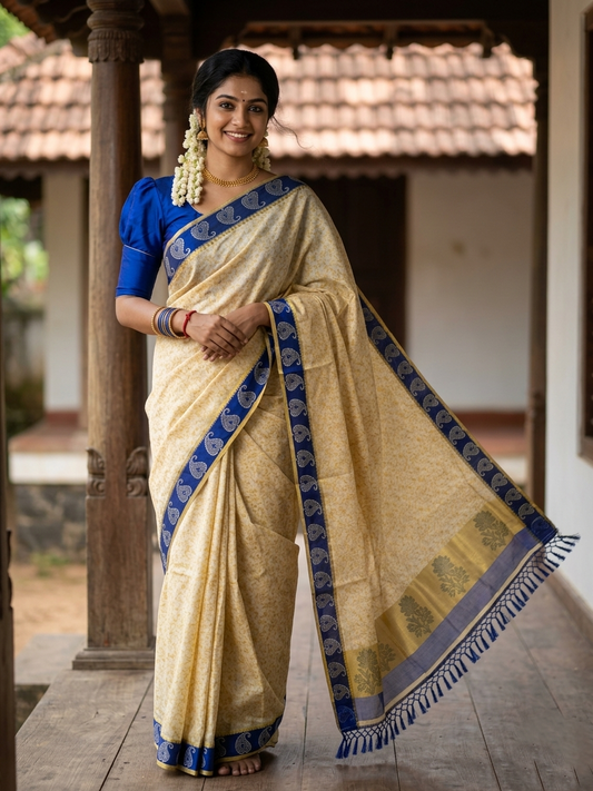 Southloom Kerala Tissue Kasavu Printed Saree with Blue Floral Embroidery Works and Tassels