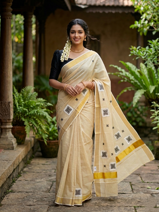 Southloom Kerala Tissue Kasavu Saree with Black Appliq Work