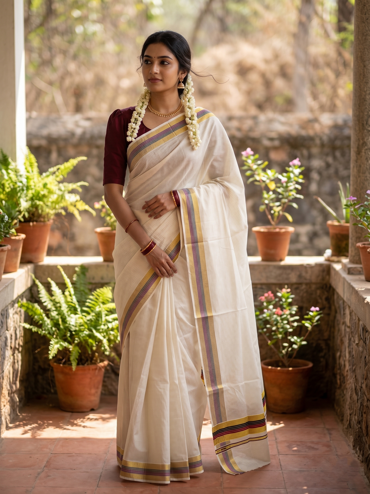 Southloom Kerala Cotton Kasavu Saree with Micro Check Design on Body in Maroon & Black Border SL481