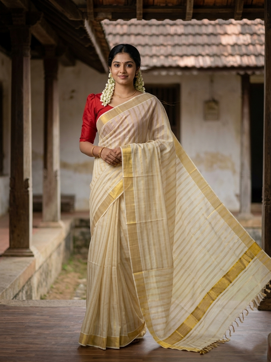 Southloom Tissue Kerala Kasavu Saree with Stripes on Body and Borders