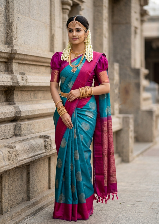 Southloom Pure Handloom Kanchipuram Silk Saree with Butta Work (Blue & Magenta)