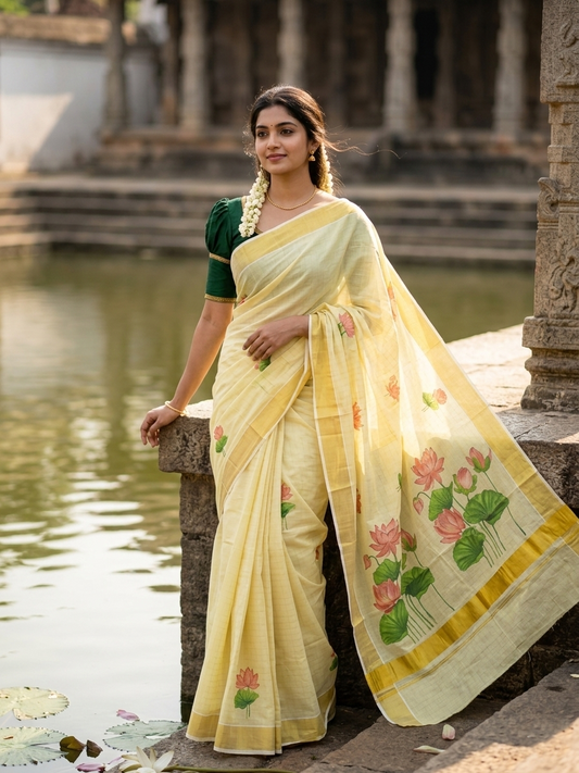 Southloom Tissue Check Kalamkari Print Kerala Kasavu Saree