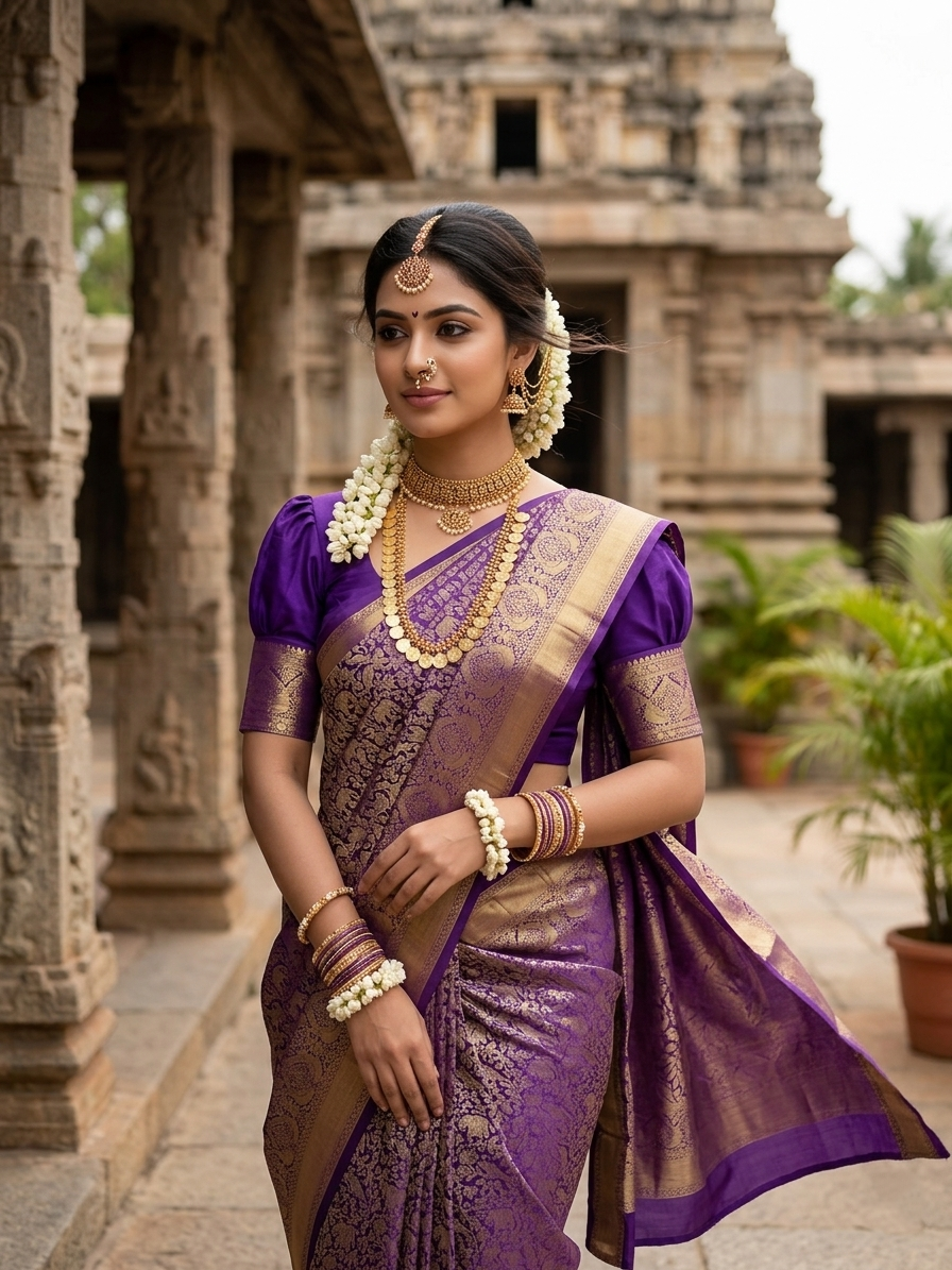 Southloom Pure Handloom Bridal Kanchipuram Silk Saree with Korvai Work (Violet)
