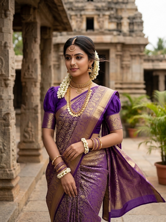 Southloom Pure Handloom Bridal Kanchipuram Silk Saree with Korvai Work (Violet)