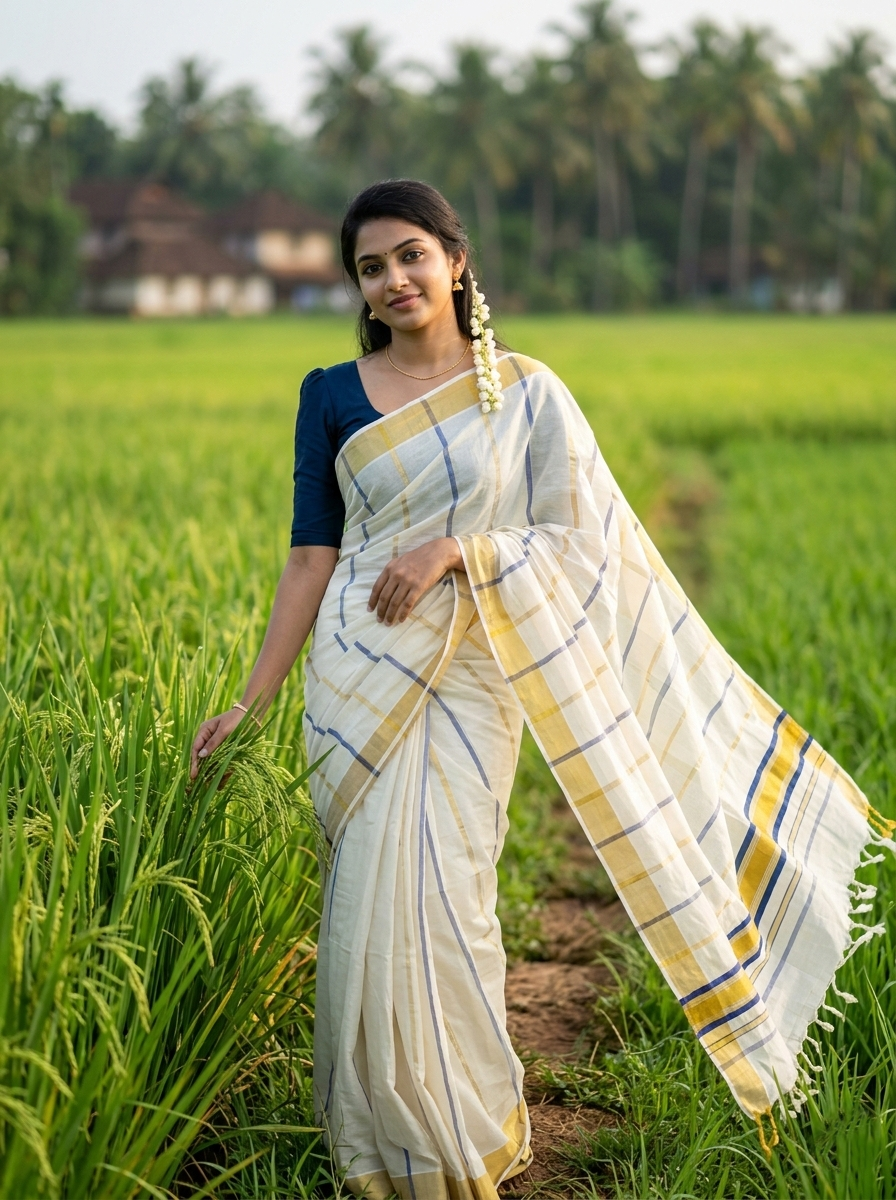 Southloom Kerala Cotton Kasavu Saree with Gold And Blue Lines on Body