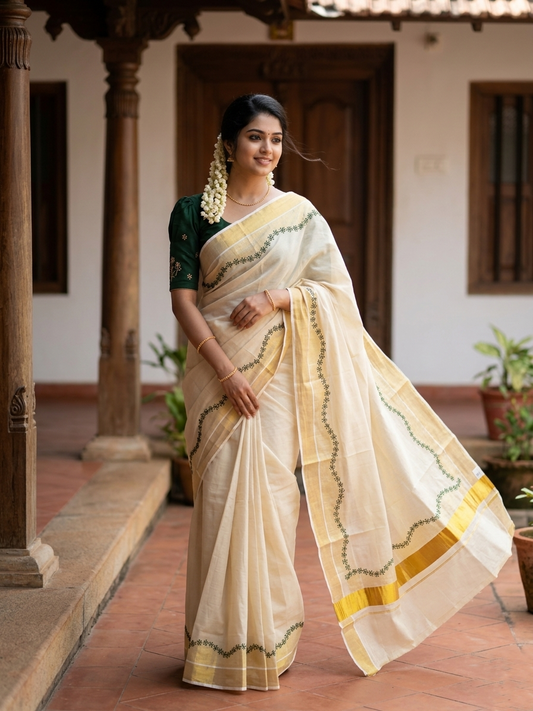 Southloom Kerala Tissue Kasavu Plain Saree with Dark Green Floral Embroidery Works