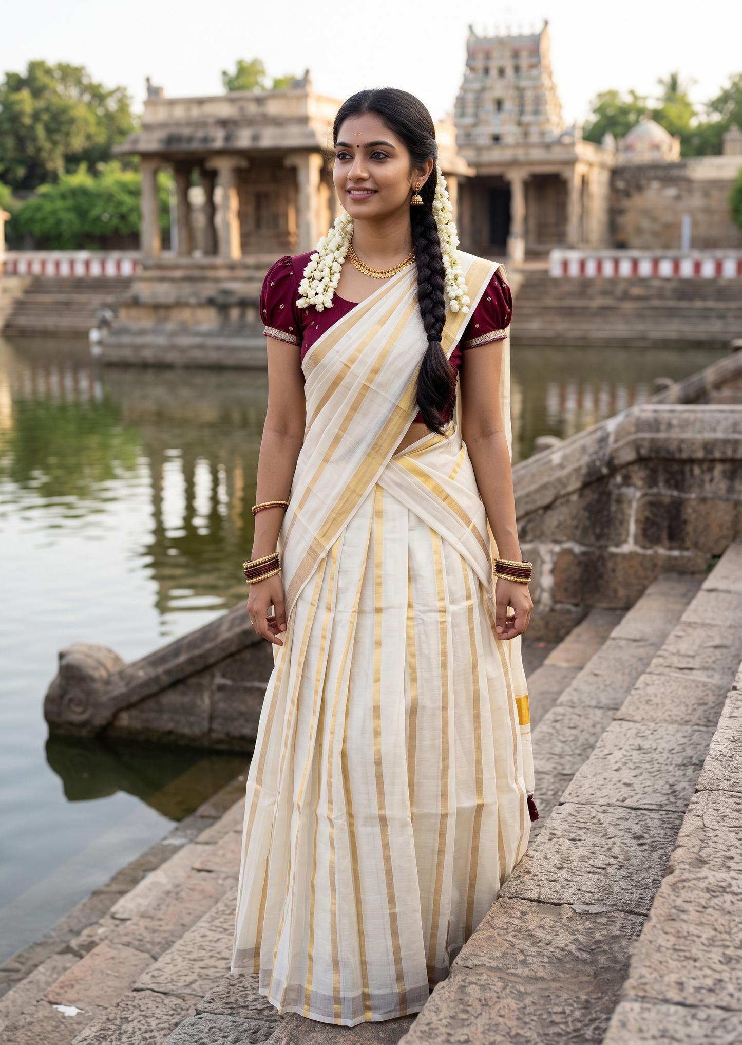 Southloom Semi Stitched Tissue Dhavani Set with Pavada and Maroon Blouse Piece