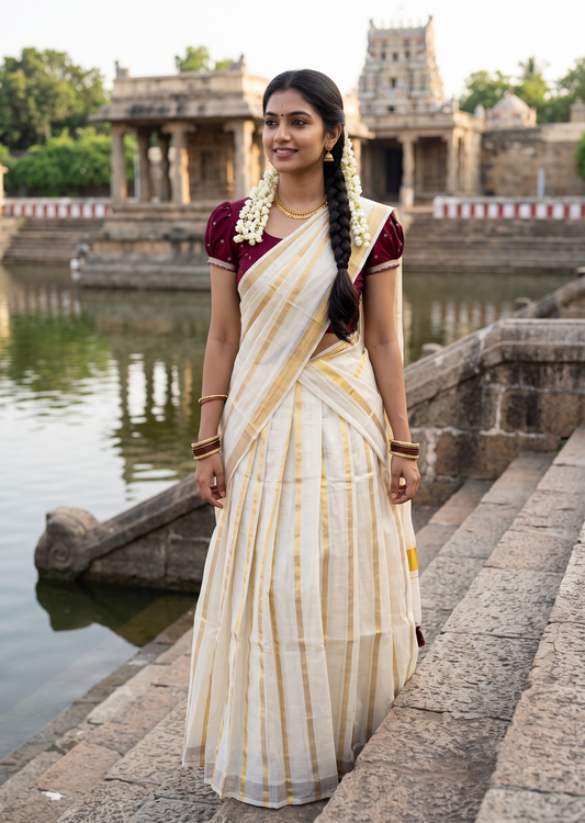 Southloom Semi Stitched Tissue Dhavani Set with Pavada and Maroon Blouse Piece