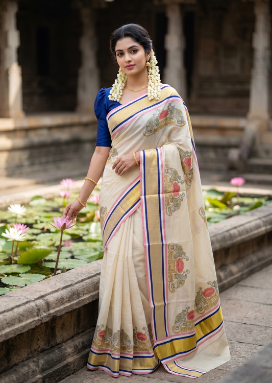 Southloom Kerala Tissue Kasavu Saree with Elephant and Lotus Digital Prints on Border SL428