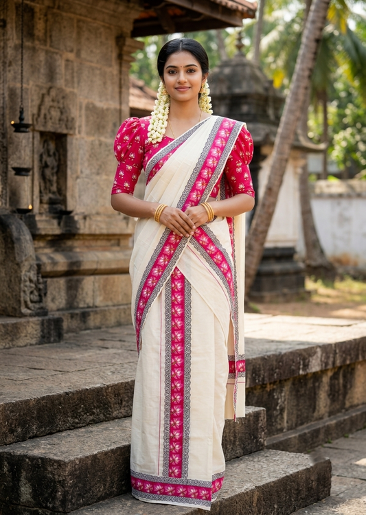Southloom Pure Cotton Kerala Single Set Mundu (Mundum Neriyathum) with Lotus Digital Prints in Pink 2.80 Mtrs SL549