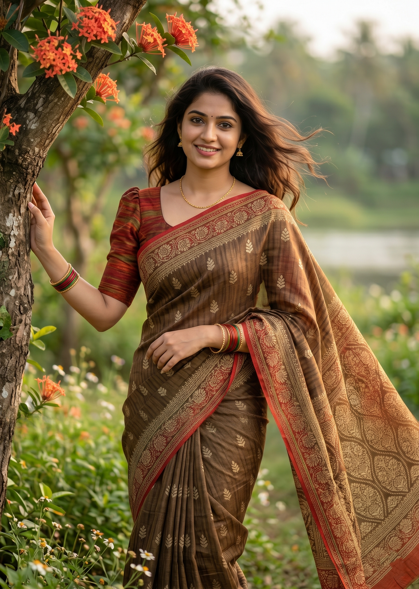 Southloom Muslin Cotton Saree With Floral Prints on the Body and Borders