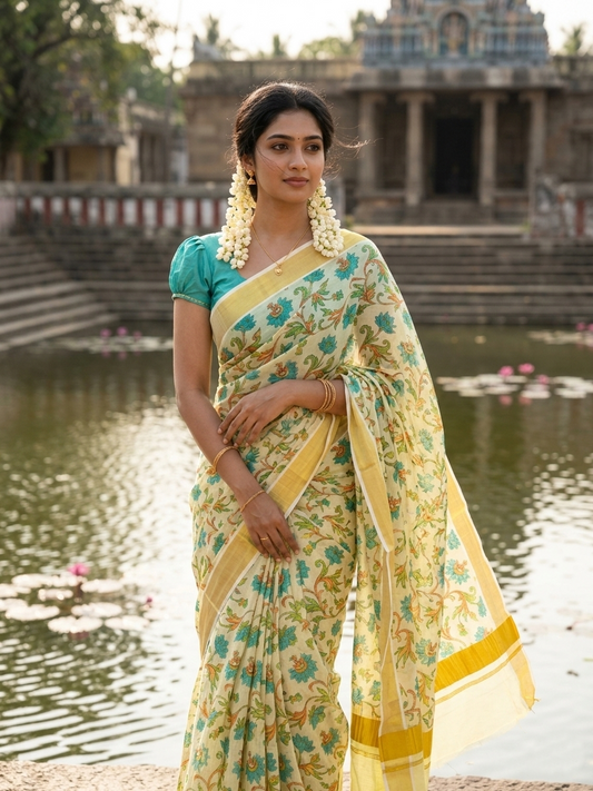 Kerala Tissue Kasavu Saree with Blue Floral Kalamkari Design