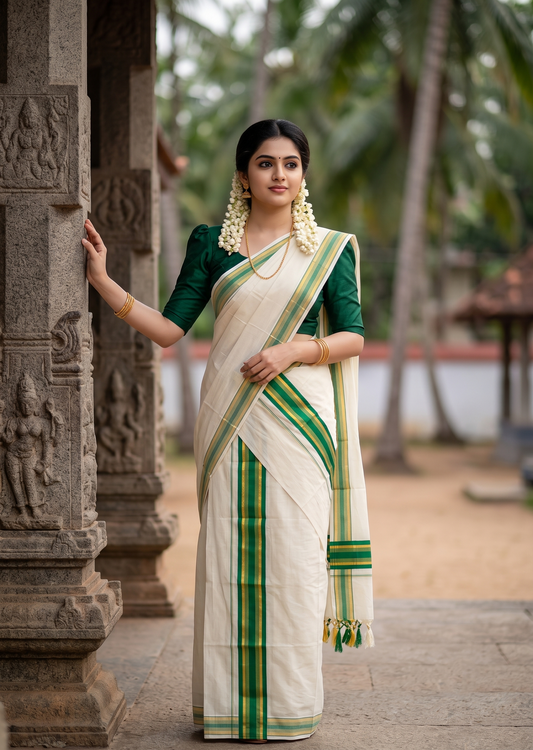 Southloom Kerala Cotton Single Set Mundu (Mundum Neriyathum) with Kasavu and Blue Border SLKK SL518