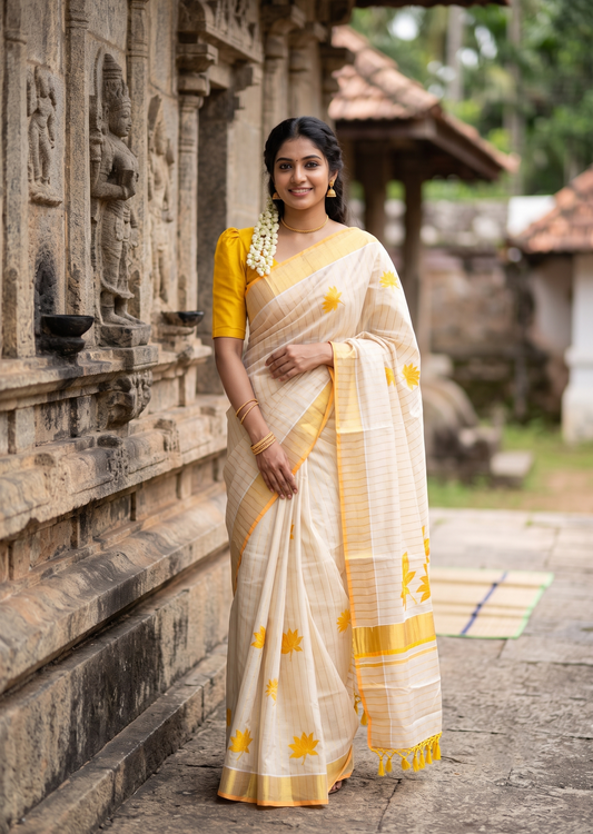Southloom Kerala Tissue Kasavu Saree with Lotus Embroidery Works on Body in Yellow SL557