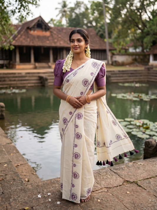 Southloom Kerala Cotton Single Set Mundu (Mundum Neriyathum) with Purple &Black Lotus Block Printed Design