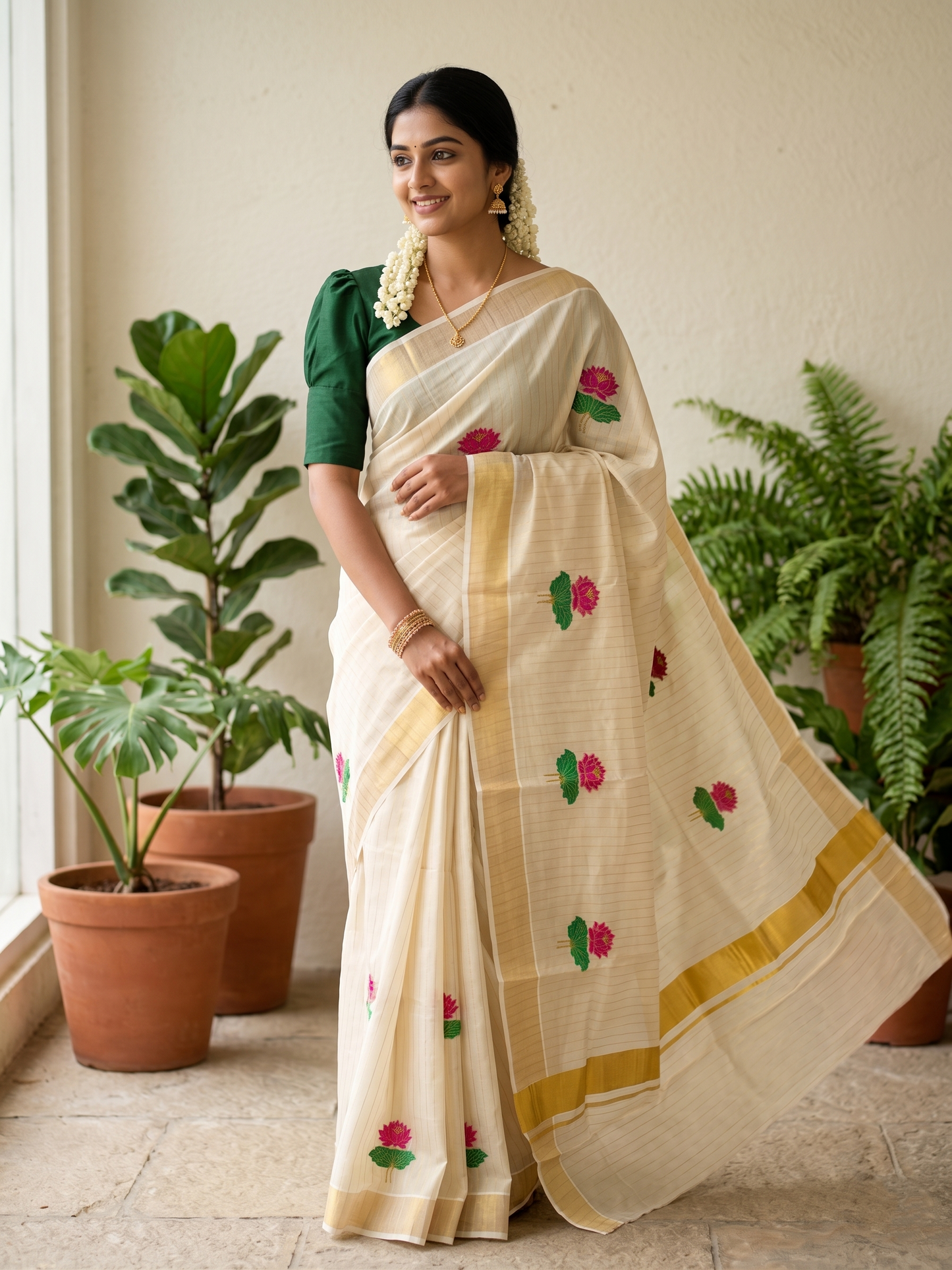 Southloom Kerala Tissue Kasavu  Saree with Pink And Green Lotus Embroidary Works on Body