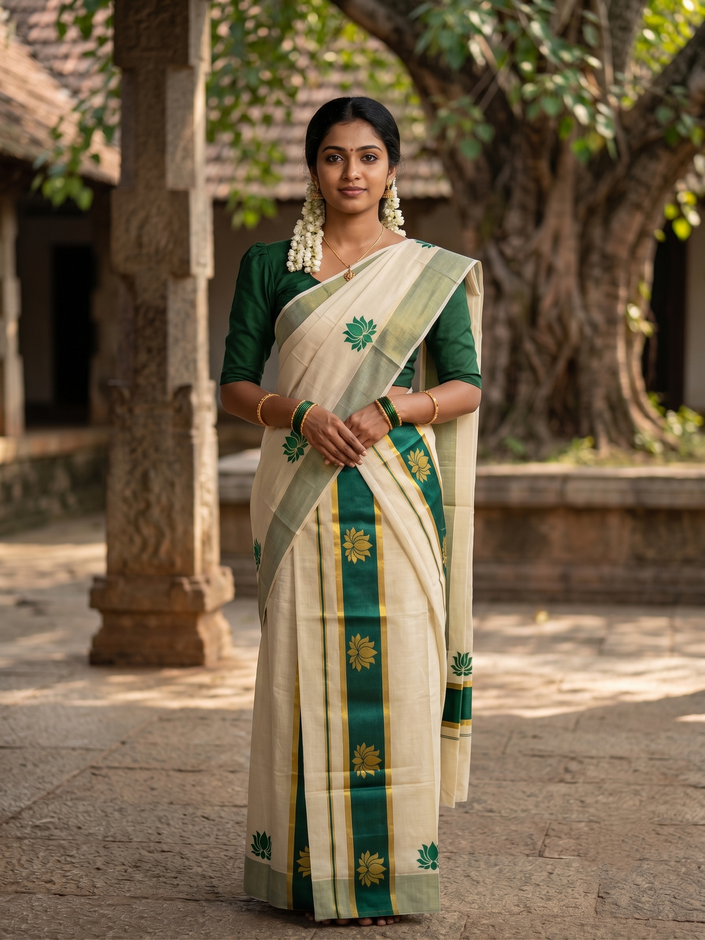 Southloom Kerala Cotton Kasavu Single Set Mundu (Mundum Neriyathum) with Lotus Design in Peacock Green SL546