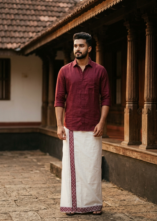 Southloom White Printed Single Mundu / Otta Mundu / Lungi (South Indian Kerala Dhoti)SL598