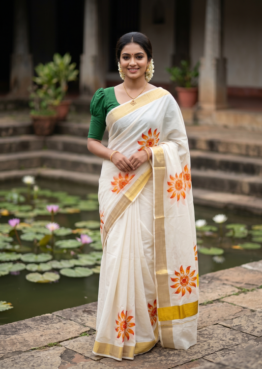 Southloom Cotton Kerala Kasavu Saree with Floral Digital Print on Body