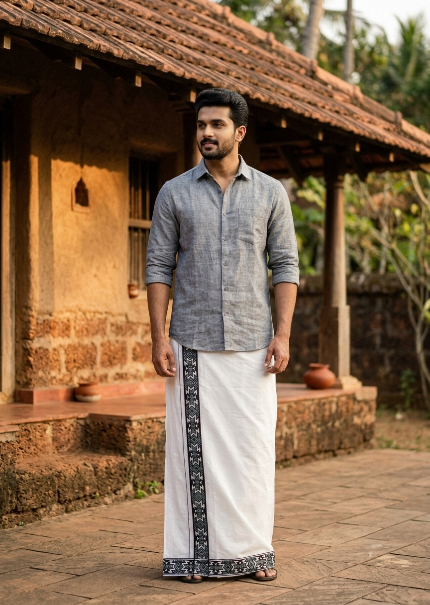 Southloom White Printed Single Mundu / Otta Mundu / Lungi (South Indian Kerala Dhoti)
