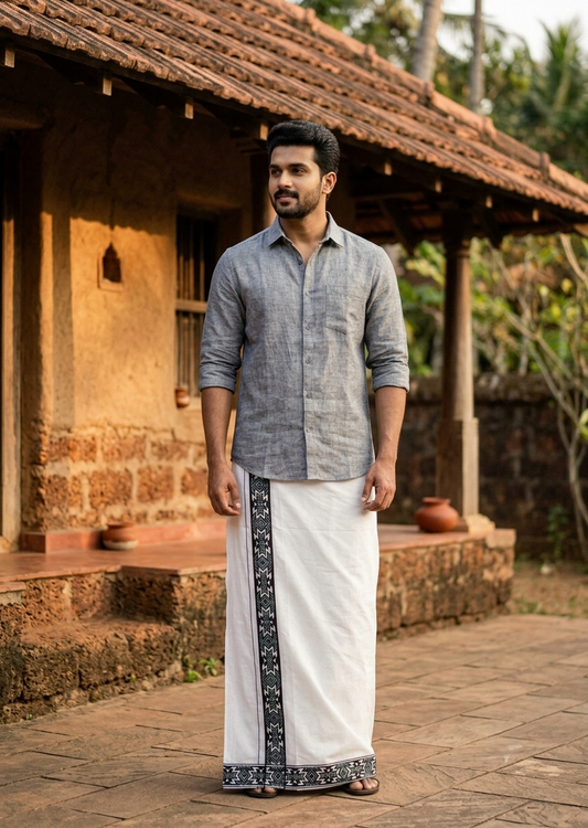 Southloom White Printed Single Mundu / Otta Mundu / Lungi (South Indian Kerala Dhoti)SL598