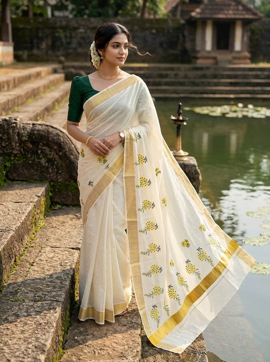 Pure Cotton Kerala Kasavu Saree with Kanikonna Floral Embroidery Designs