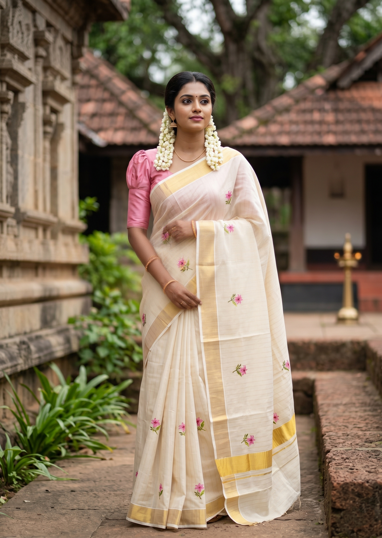 Southloom Kerala Tissue Kasavu Lines Saree with Floral Embroidery Work on Body