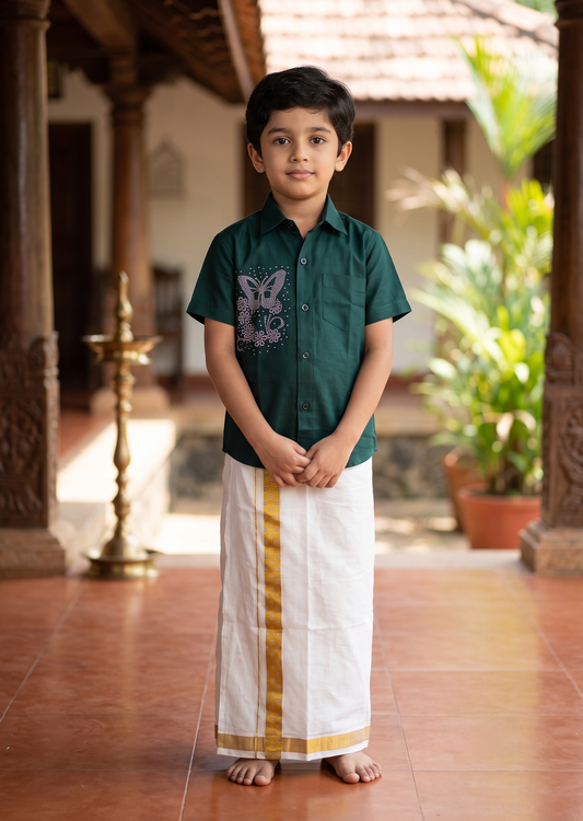 Southloom Cotton Stone Work Kids's Combo (Shirt + Velcro Mundu) SLKCOMBO