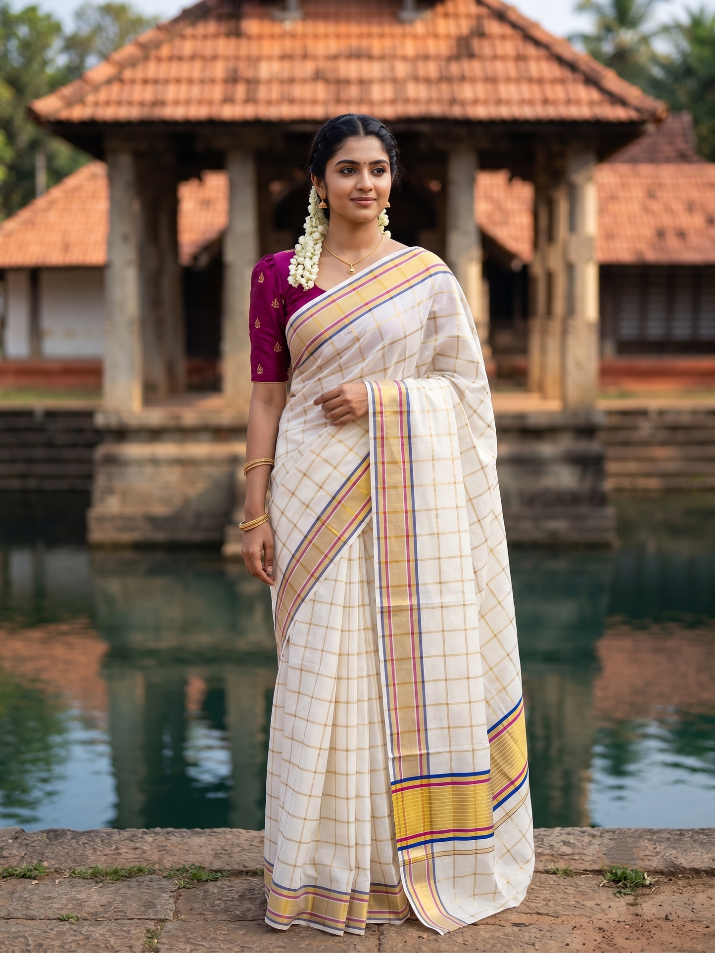 Southloom Kerala Cotton Kasavu Saree with  Check Design on Body in Blue $ Pink  Border
