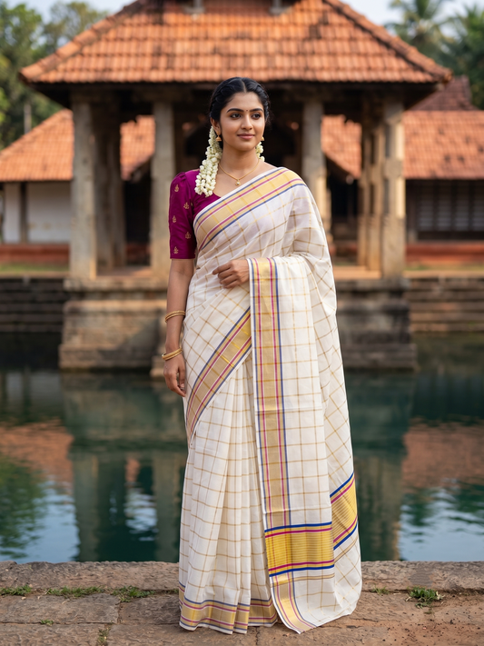 Southloom Kerala Cotton Kasavu Saree with  Check Design on Body in Blue $ Pink  Border