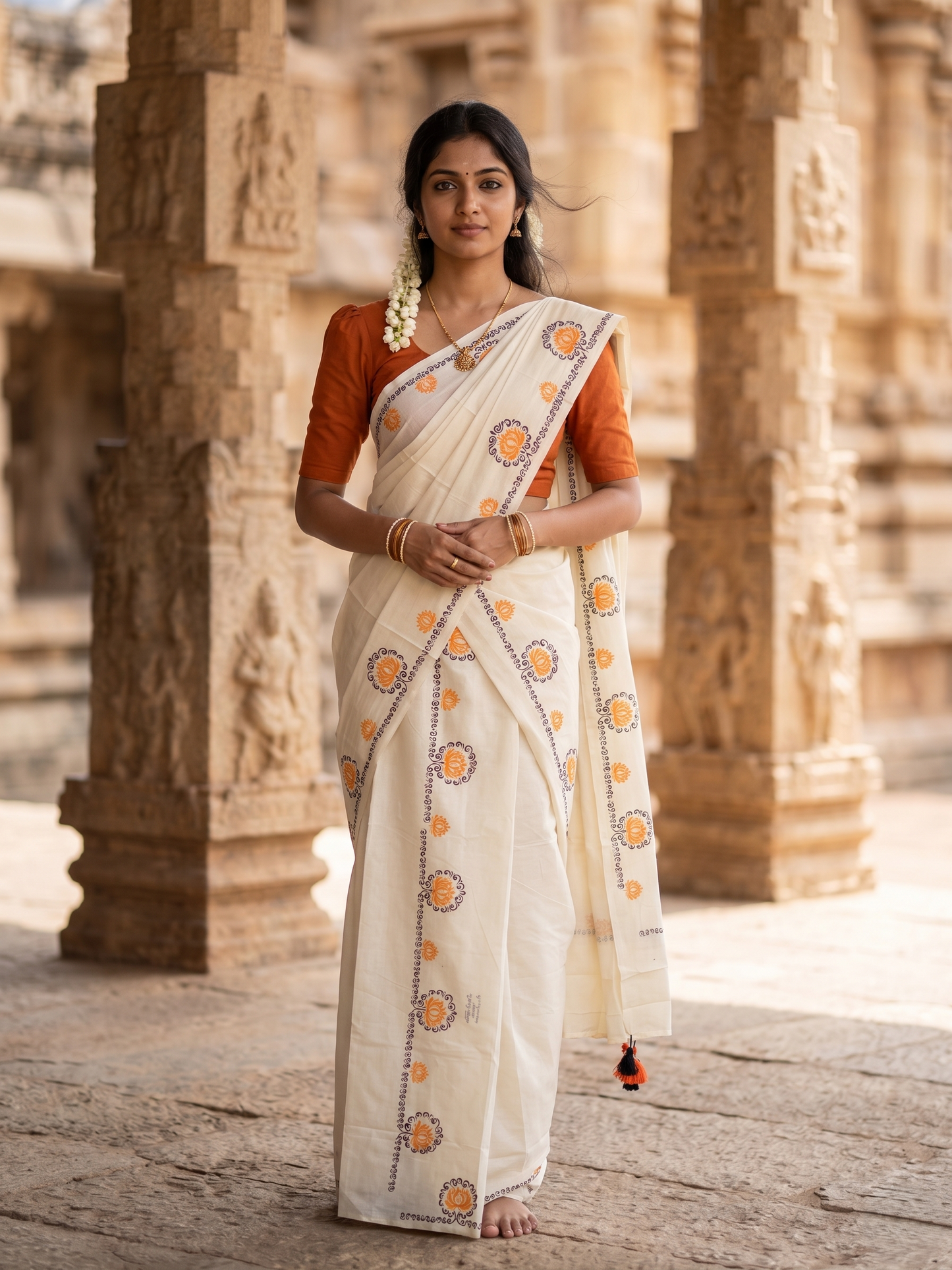Southloom Kerala Cotton Single Set Mundu (Mundum Neriyathum) with Orange&Black Lotus Block Printed Design