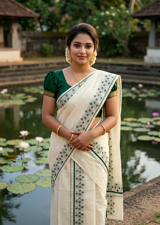 Southloom Cotton Single Set Mundu (Mundu Neriyathum) With Floral Digital Print in Dark Green 2.80 Mtrs SL440