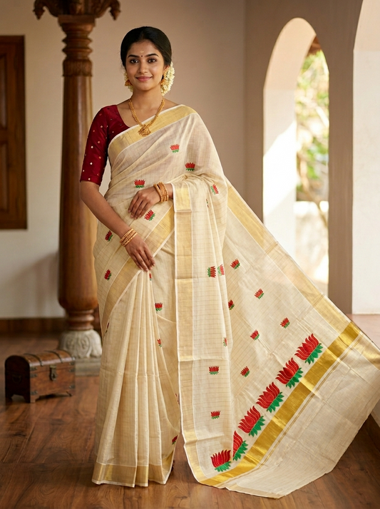 Southloom Kerala Tissue Lines Kasavu Saree with Red And Green Lotus Embroidery Works