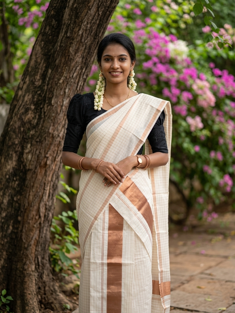 Pure Cotton Kerala Set Mundu with Rose Copper Kasavu Lines Designs Across Body