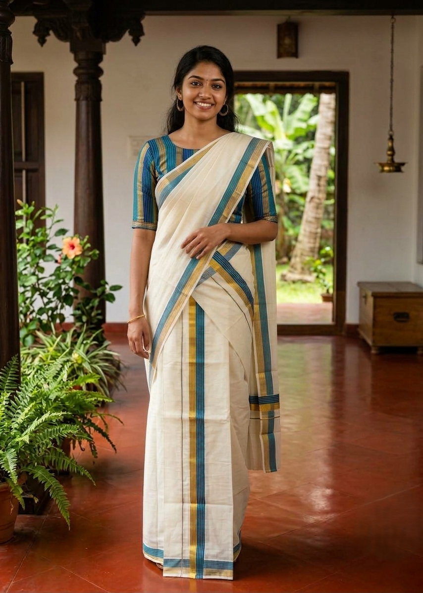 Kerala Cotton Golden Kasavu With Blue Colour Kara Single Set Mundu (2.80 mtrs) SL421