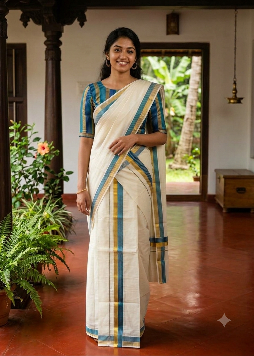 Kerala Cotton Golden Kasavu With Blue Colour Kara Single Set Mundu (2.80 mtrs) SL421