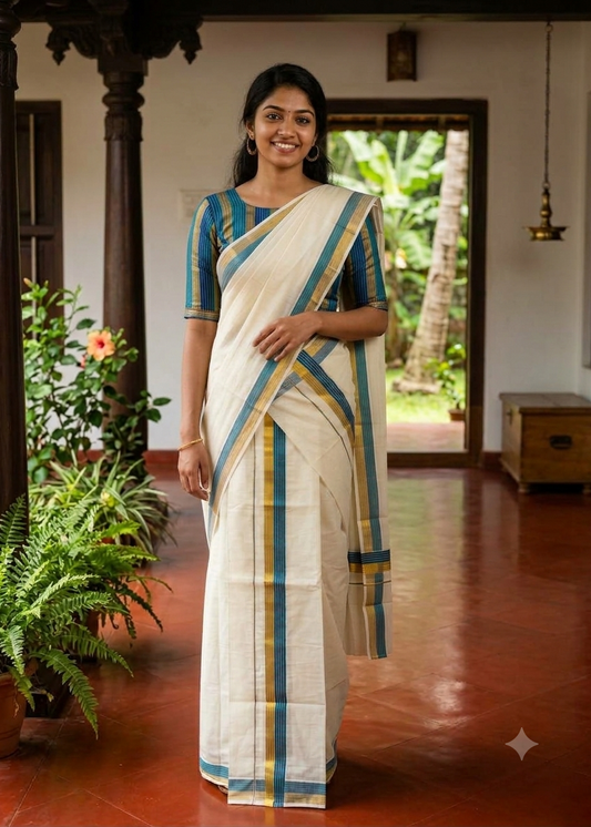 Kerala Cotton Golden Kasavu With Blue Colour Kara Single Set Mundu (2.80 mtrs) SL421