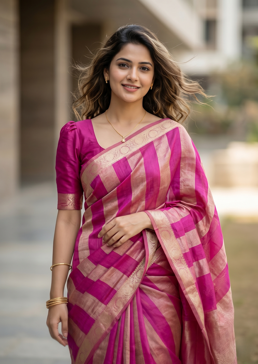 Southloom Tissue Organza Saree With Stripes Design in Double colour (Light Pink) SL354