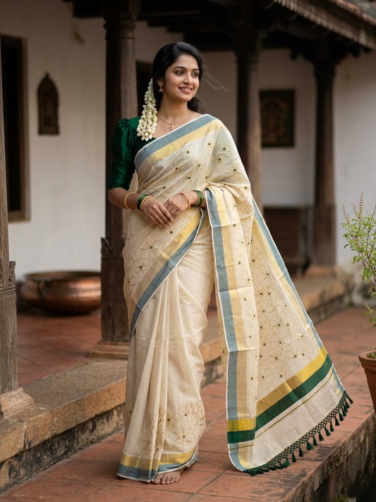 Kerala Tissue Kasavu Stripes Saree with Gold and Green Floral Embroidery Design on Body SL269