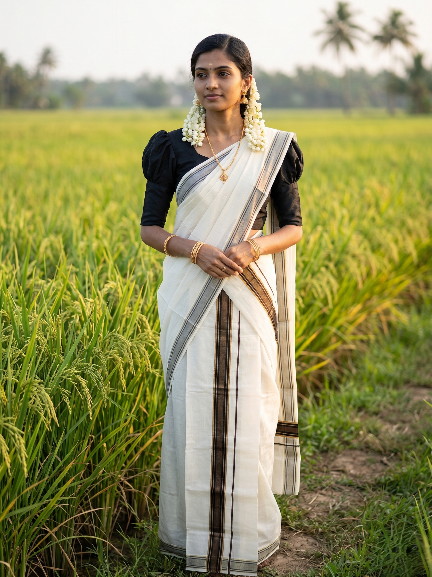 Southloom Kerala Cotton Set Mundu (Mundum Neriyathum) with Kasavu and Black Border in 2.80 Mtrs