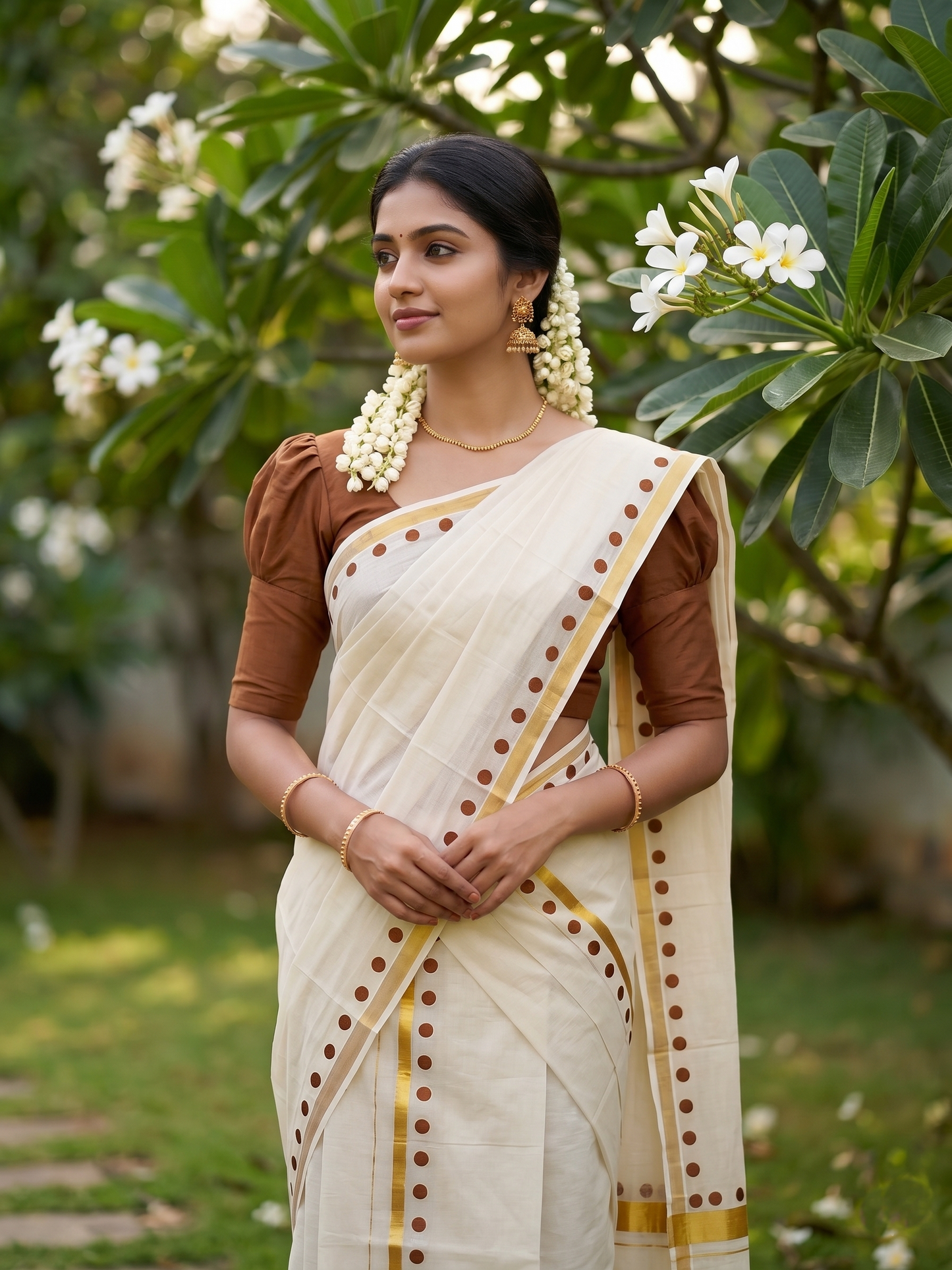 Southloom Pure Cotton Kerala Single Set Mundu (Mundum Neriyathum) with Polka Dots in Brown 2.80 Mtrs