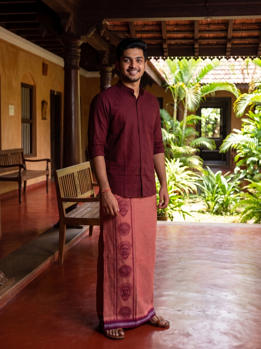 Southloom Saffron (Kaavi) Maroon Printed Single Mundu / Lungi (South Indian Kerala Dhoti)