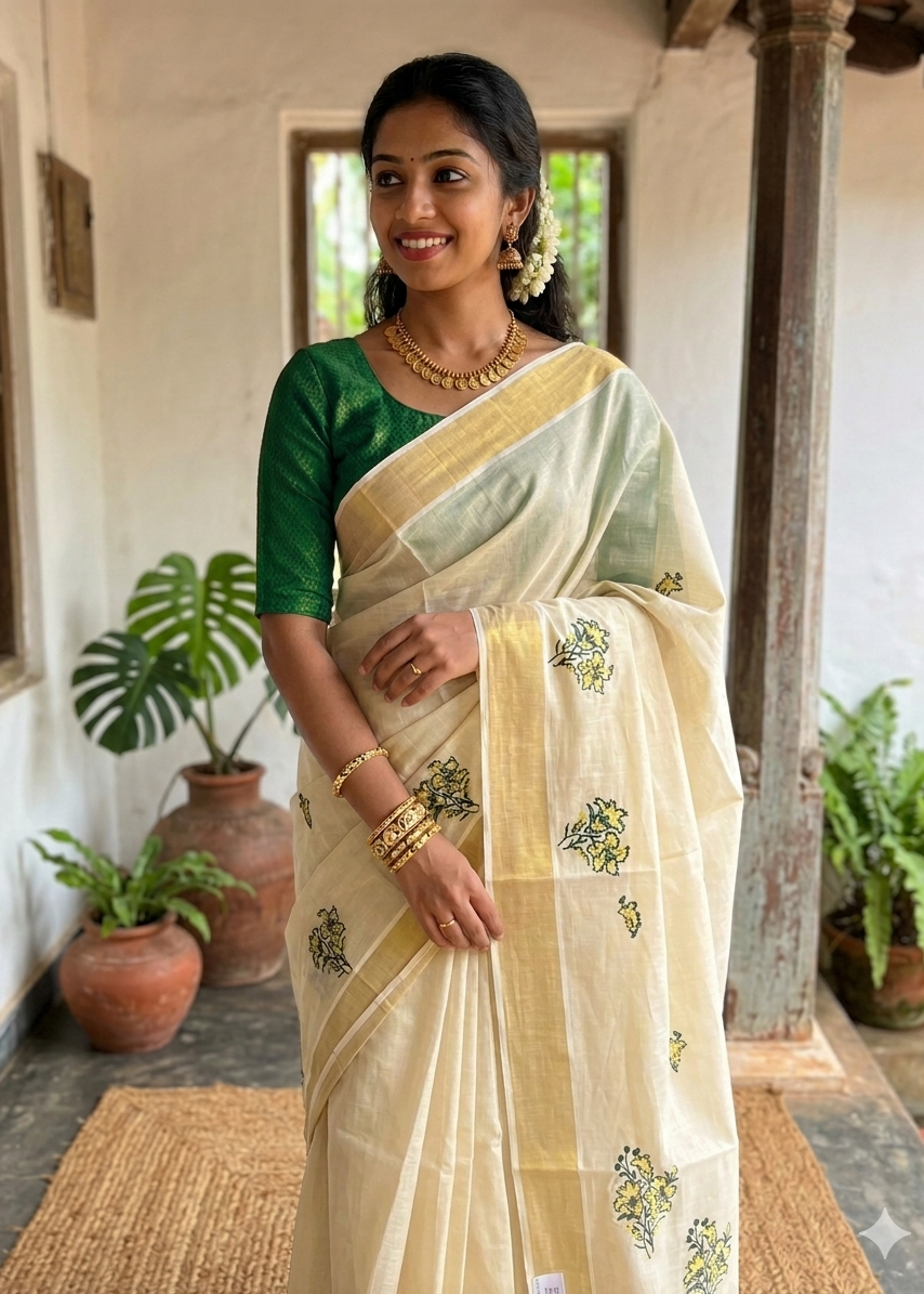 Kerala Tissue Saree With Green Embroidery SL208