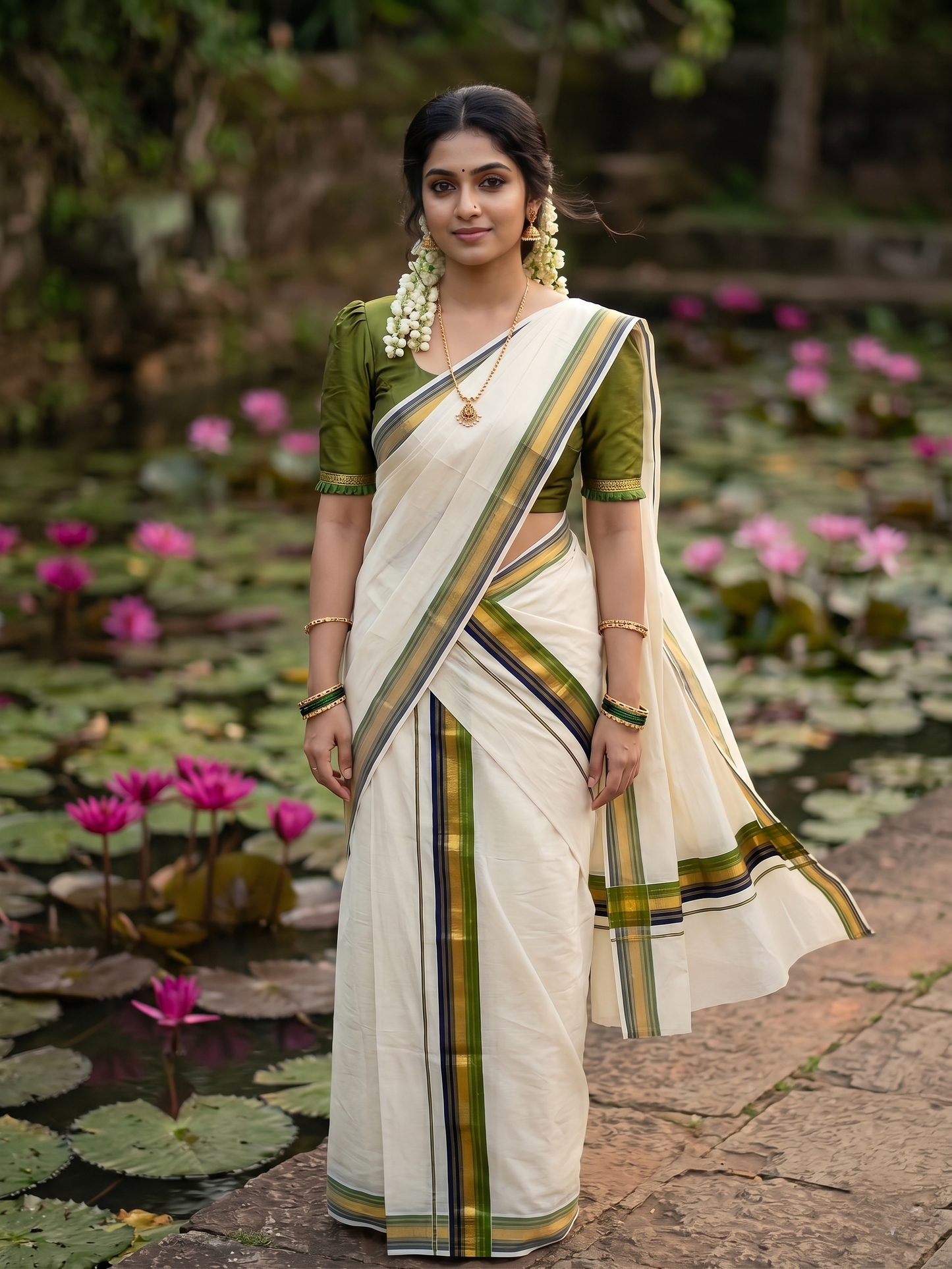 Southloom Kerala Cotton Kasavu Single Set Mundu (Mundum Neriyathum) with Blue and Olive Green Kasavu Border SLKK SL480