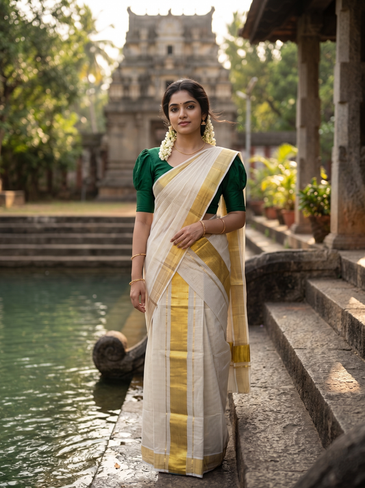 Southloom Kerala Tissue Single Set Mundu (Mundum Neriyathum) with  Kasavu Micro Check Across Body SL444