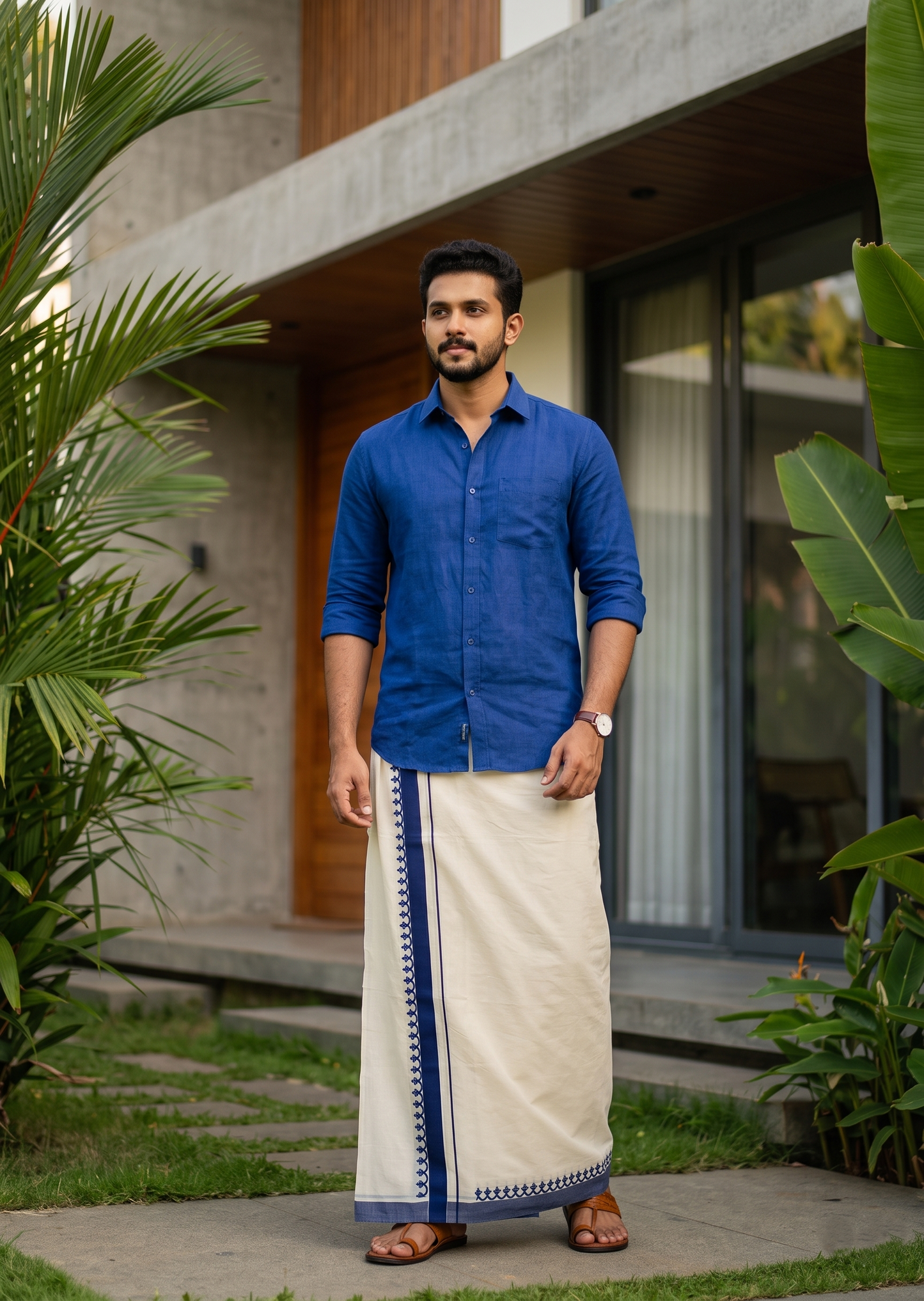 Southloom Kerala Cotton Blue Kara Printed Double Mundu (South Indian Kerala Dhoti) SL567