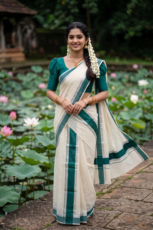 Kerala Cotton Mundum Neriyathum Single (Set Mundu) with Green and Silver Kasavu Border 2.80 Mtrs SL385