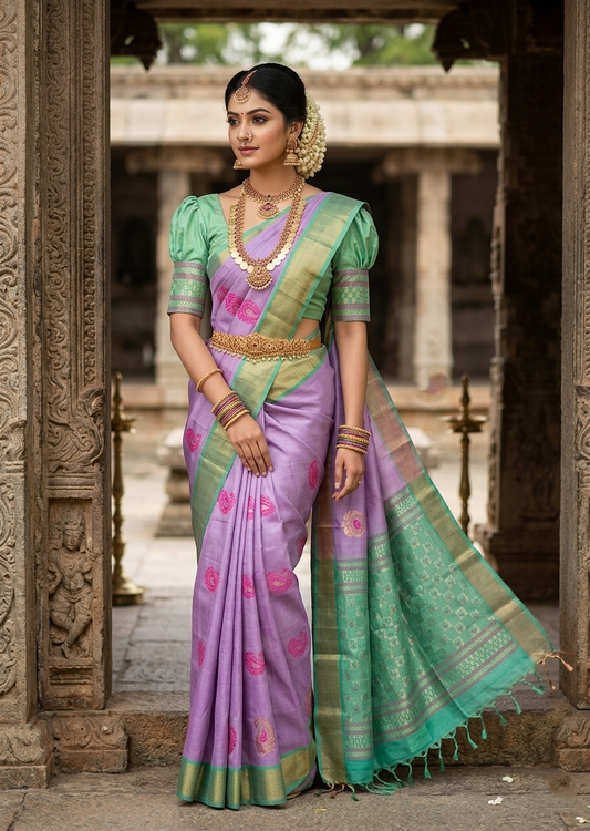 Southloom Pure Handloom Bridal Kanchipuram Silk Saree with Korvai Work (Lavender & Green)