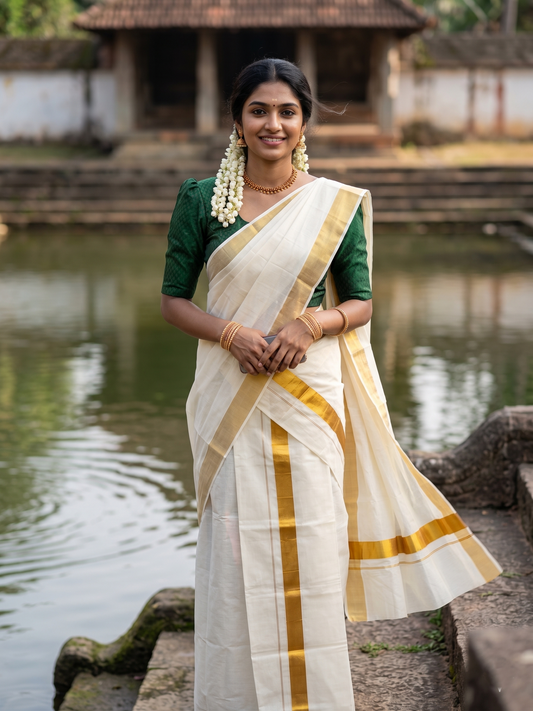 Kerala Cotton Plain Single Set Mundu (Mundum Neriyathum) with Half Fine Dark Kasavu 1.5 inch Border in 2.80 Mtrs