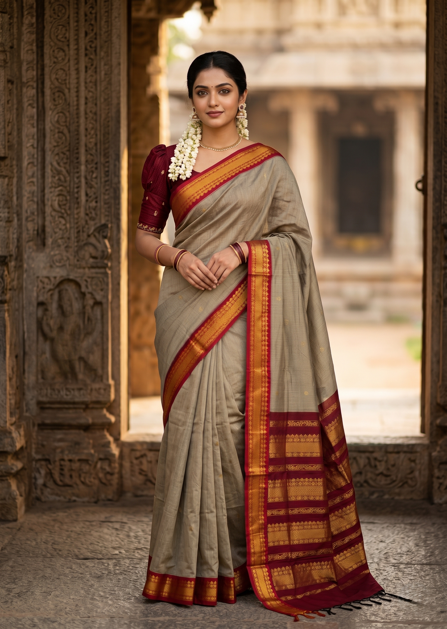 Southloom Kalyani Cotton Saree In Grey And Maroon With Woven Work on the Body and Borders